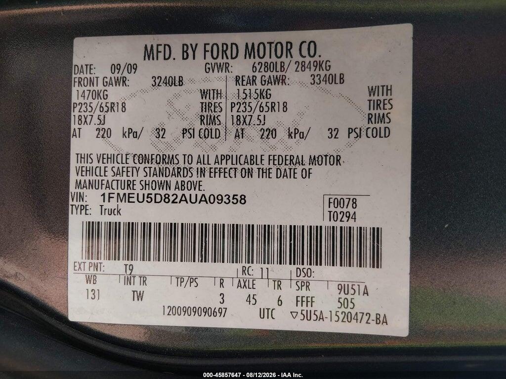 1FMEU5D82AUA09358 2010 FORD EXPLORER SPORT TRAC photo no. 9