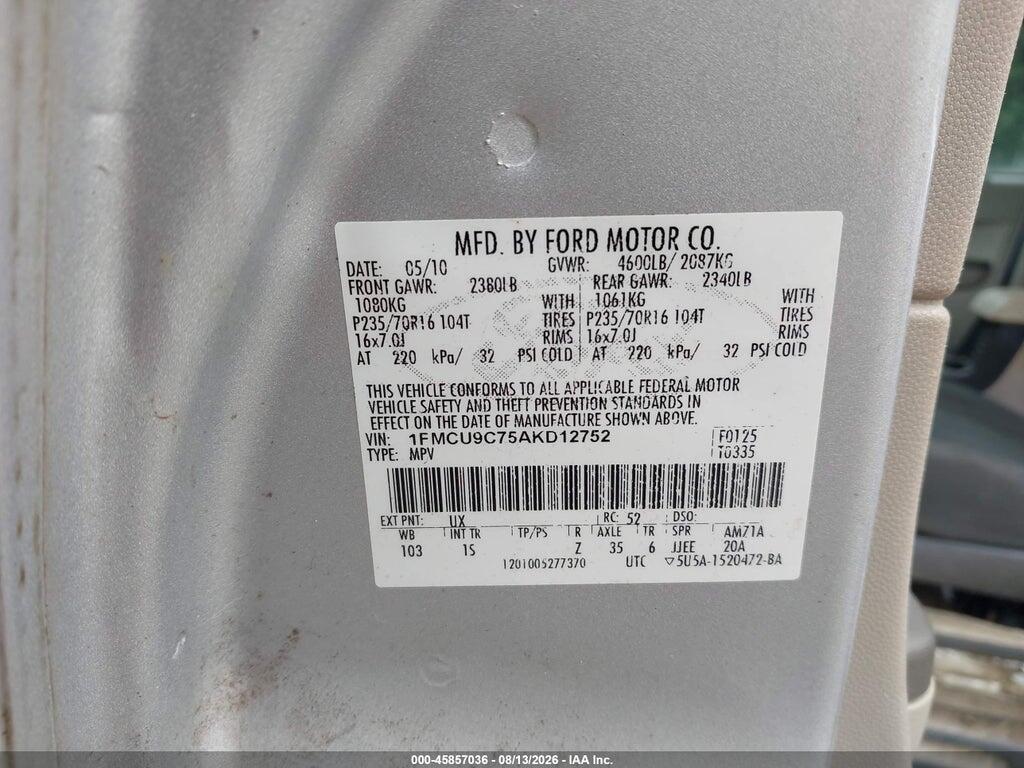 1FMCU9C75AKD12752 2010 FORD ESCAPE photo no. 9