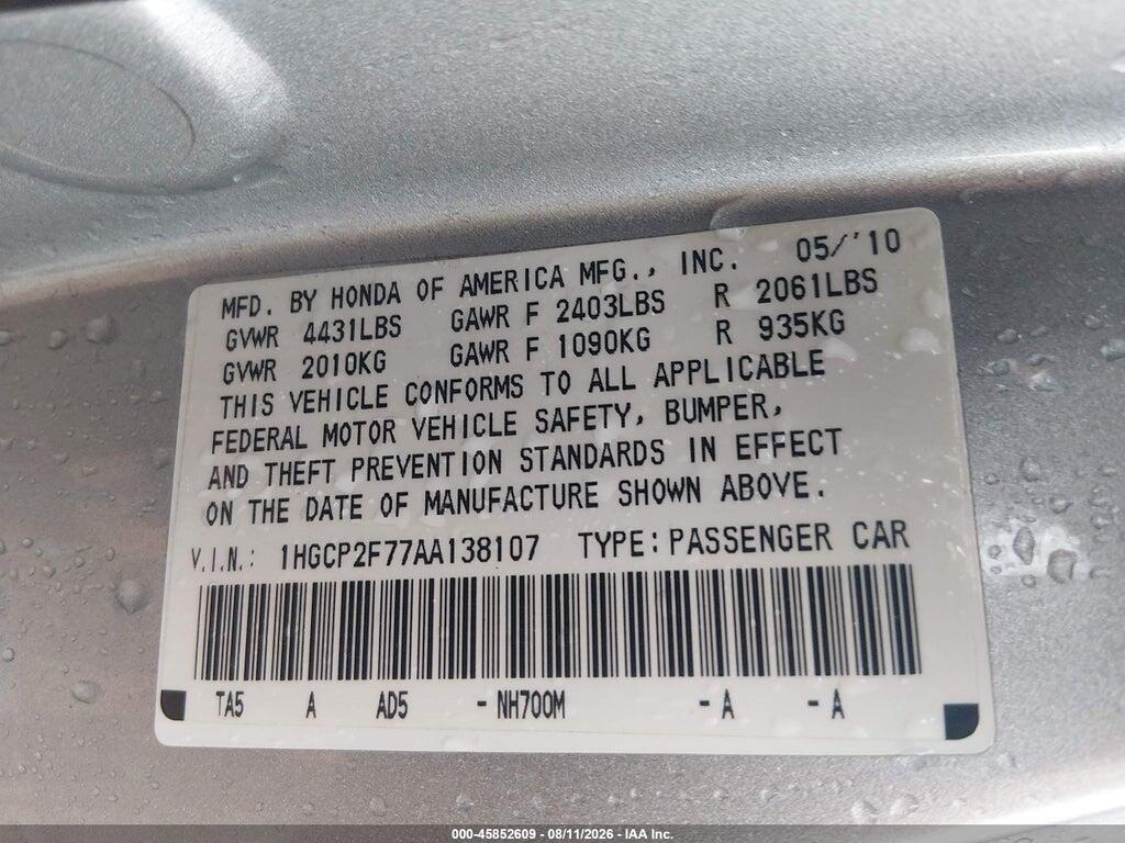1HGCP2F77AA138107 2010 HONDA ACCORD photo no. 9