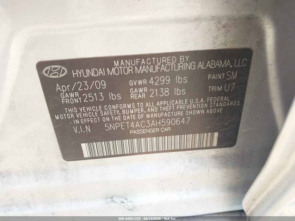 5NPET4AC3AH590647 2010 HYUNDAI SONATA photo no. 9