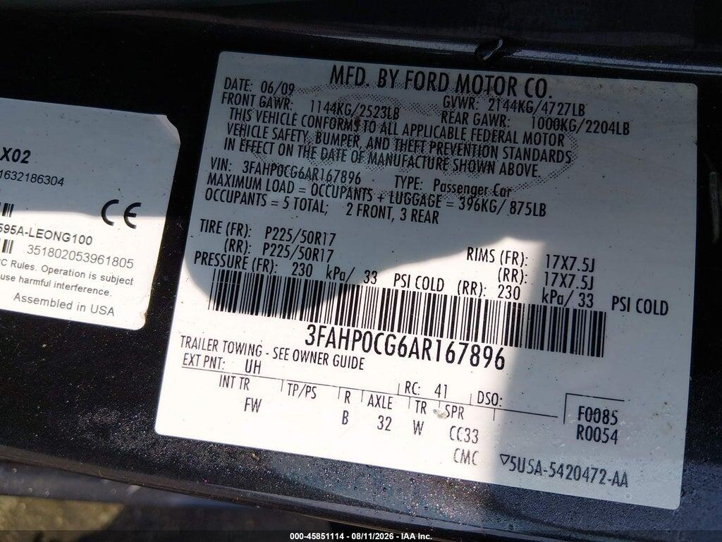 3FAHP0CG6AR167896 2010 FORD FUSION photo no. 9