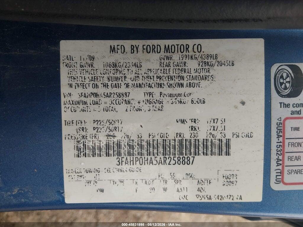 3FAHP0HA5AR258887 2010 FORD FUSION photo no. 9