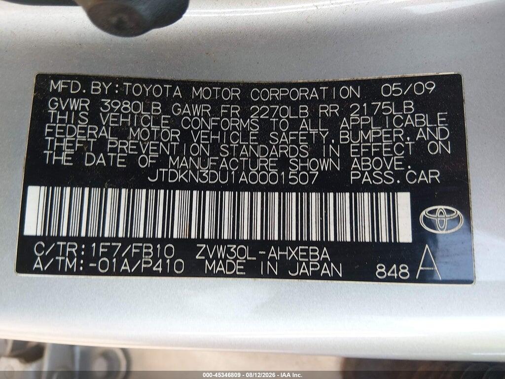 JTDKN3DU1A0001507 2010 TOYOTA PRIUS photo no. 9