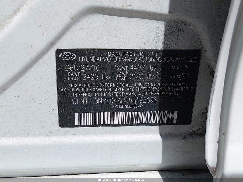 5NPEC4AB6BH192096 2011 HYUNDAI SONATA photo no. 9