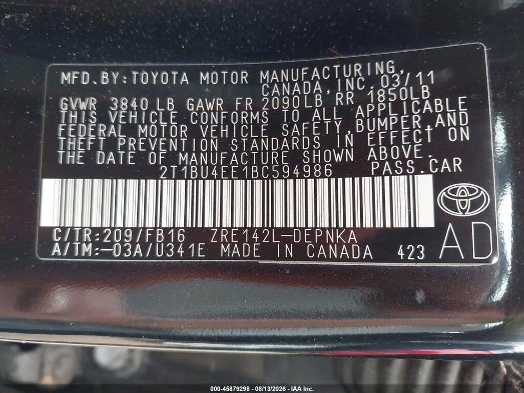 2T1BU4EE1BC594986 2011 TOYOTA COROLLA photo no. 9