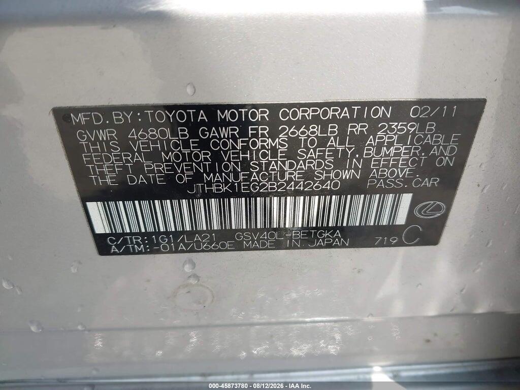 JTHBK1EG2B2442640 2011 LEXUS ES 350 photo no. 9