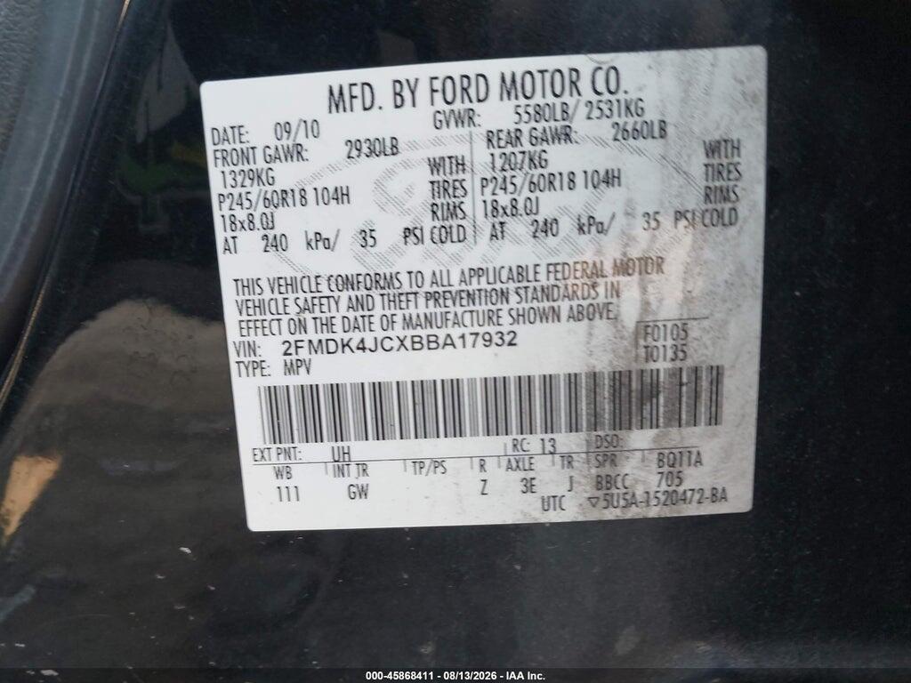 2FMDK4JCXBBA17932 2011 FORD EDGE photo no. 9