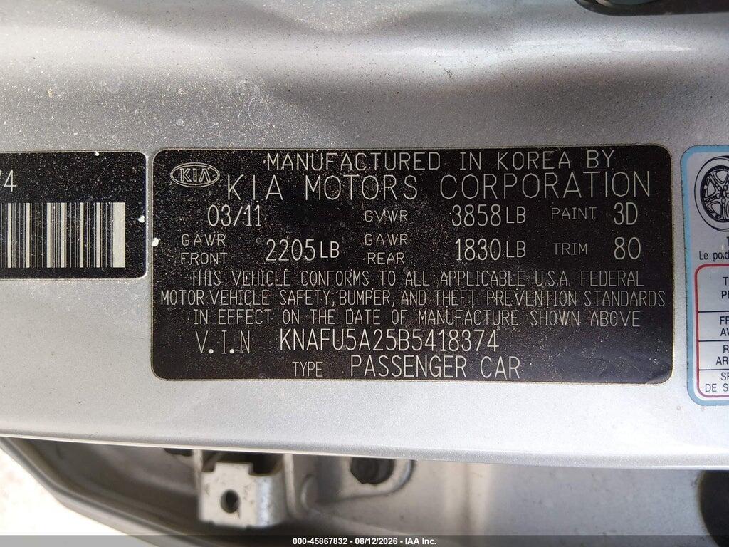 KNAFU5A25B5418374 2011 KIA FORTE photo no. 9
