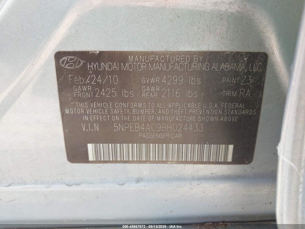 5NPEB4AC9BH024433 2011 HYUNDAI SONATA photo no. 9