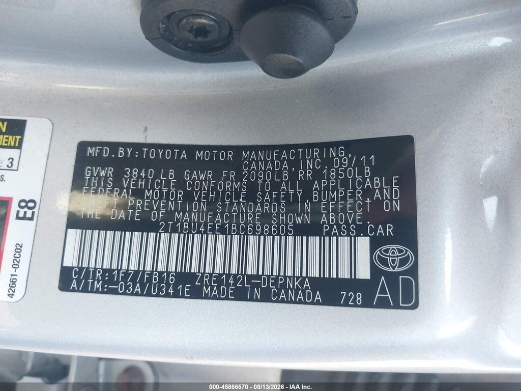 2T1BU4EE1BC698605 2011 TOYOTA COROLLA photo no. 9