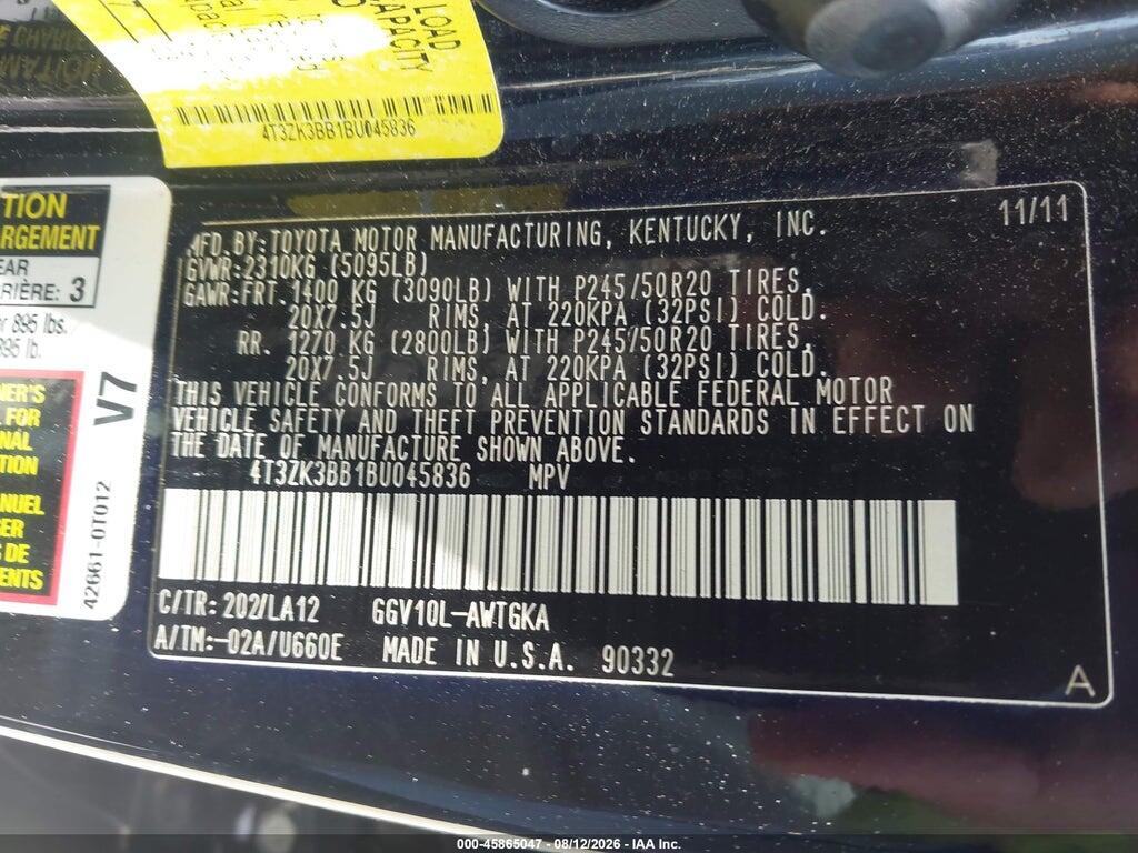 4T3ZK3BB1BU045836 2011 TOYOTA VENZA photo no. 9