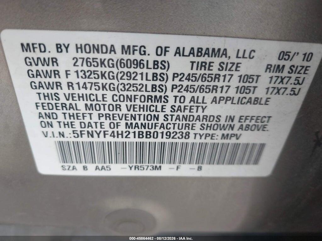 5FNYF4H21BB019238 2011 HONDA PILOT photo no. 9