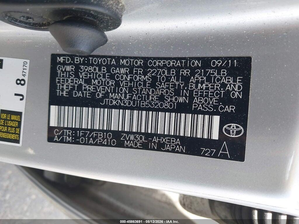 JTDKN3DU1B5320801 2011 TOYOTA PRIUS photo no. 9