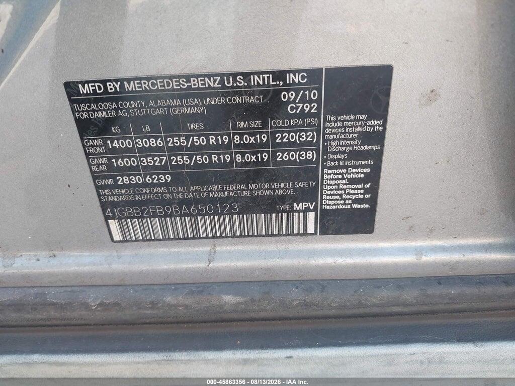 4JGBB2FB9BA650123 2011 MERCEDES-BENZ ML 350 BLUETEC photo no. 9