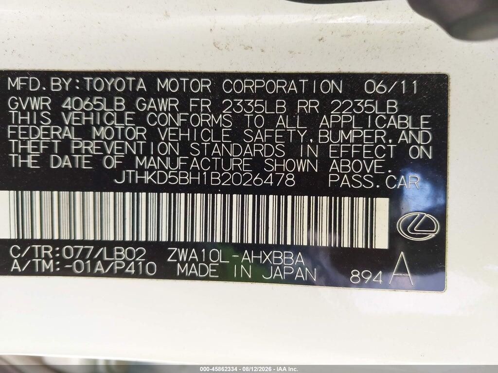 JTHKD5BH1B2026478 2011 LEXUS CT 200H photo no. 9
