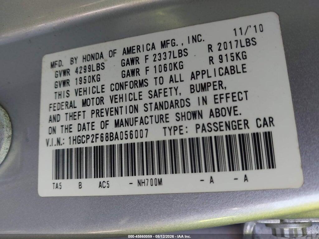 1HGCP2F68BA056007 2011 HONDA ACCORD photo no. 9