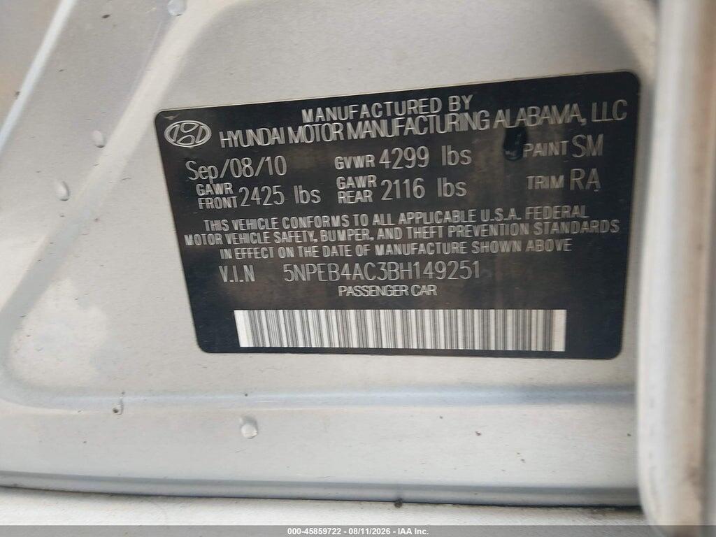 5NPEB4AC3BH149251 2011 HYUNDAI SONATA photo no. 9