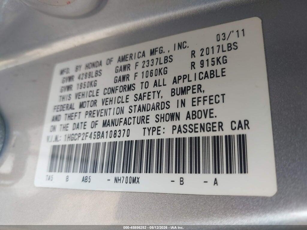 1HGCP2F45BA108370 2011 HONDA ACCORD photo no. 9