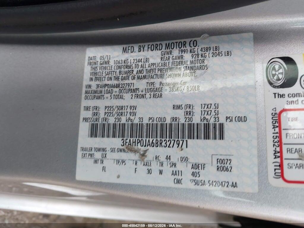 3FAHP0JA6BR327971 2011 FORD FUSION photo no. 9