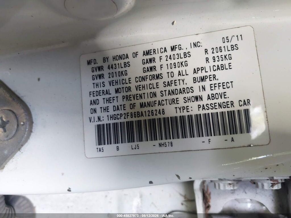 1HGCP2F86BA126248 2011 HONDA ACCORD photo no. 9