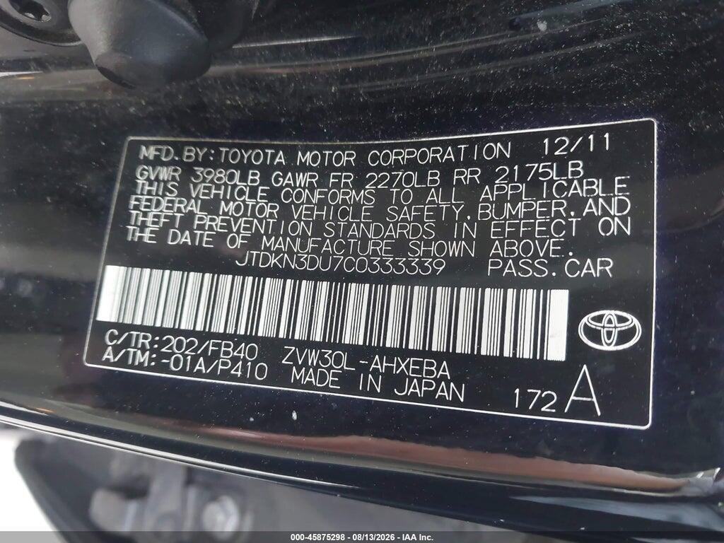 JTDKN3DU7C0333339 2012 TOYOTA PRIUS photo no. 9