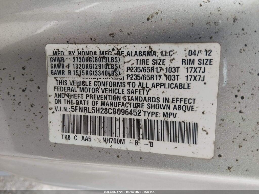 5FNRL5H28CB096452 2012 HONDA ODYSSEY photo no. 9
