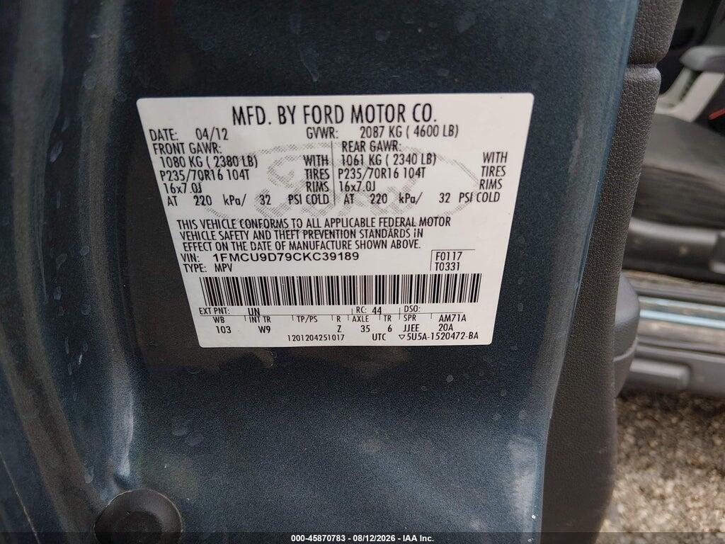 1FMCU9D79CKC39189 2012 FORD ESCAPE photo no. 9