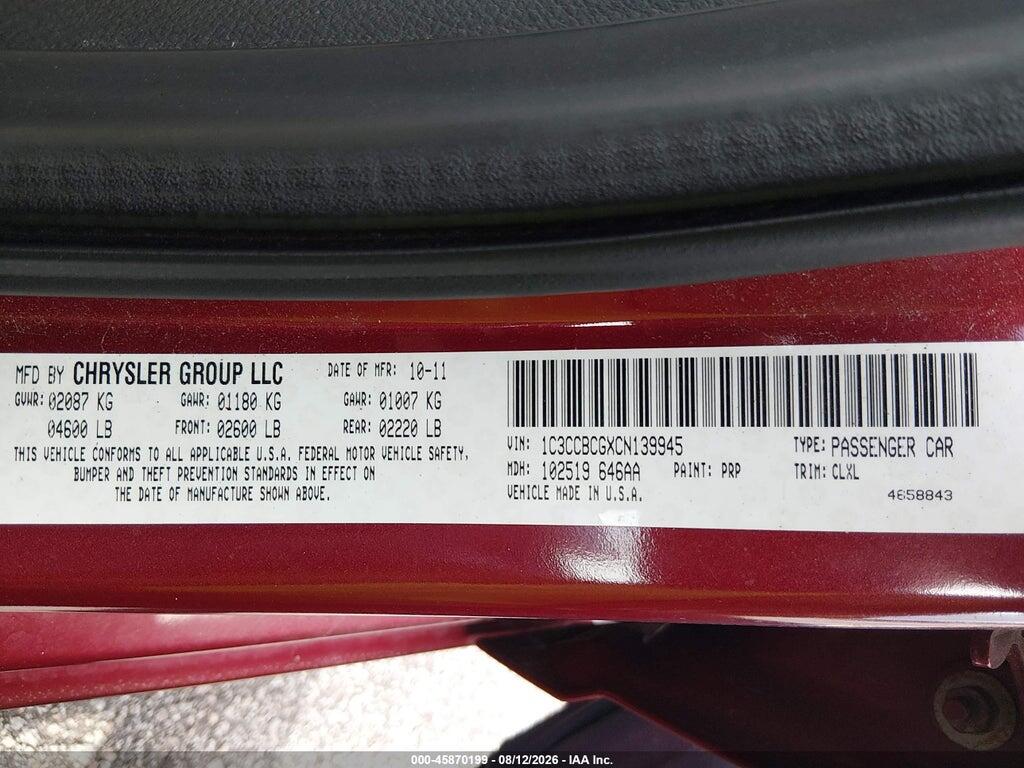 1C3CCBCGXCN139945 2012 CHRYSLER 200 photo no. 9