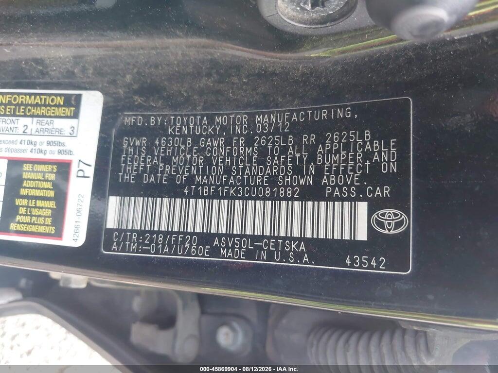 4T1BF1FK3CU081882 2012 TOYOTA CAMRY photo no. 9
