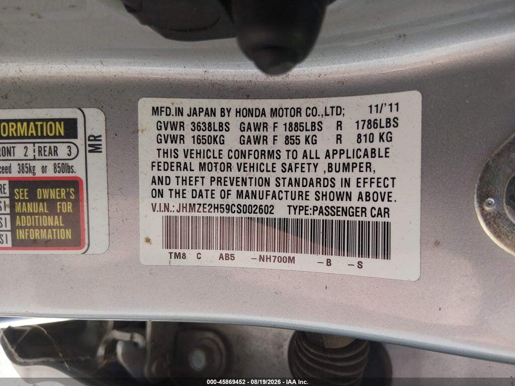 JHMZE2H59CS002602 2012 HONDA INSIGHT photo no. 9