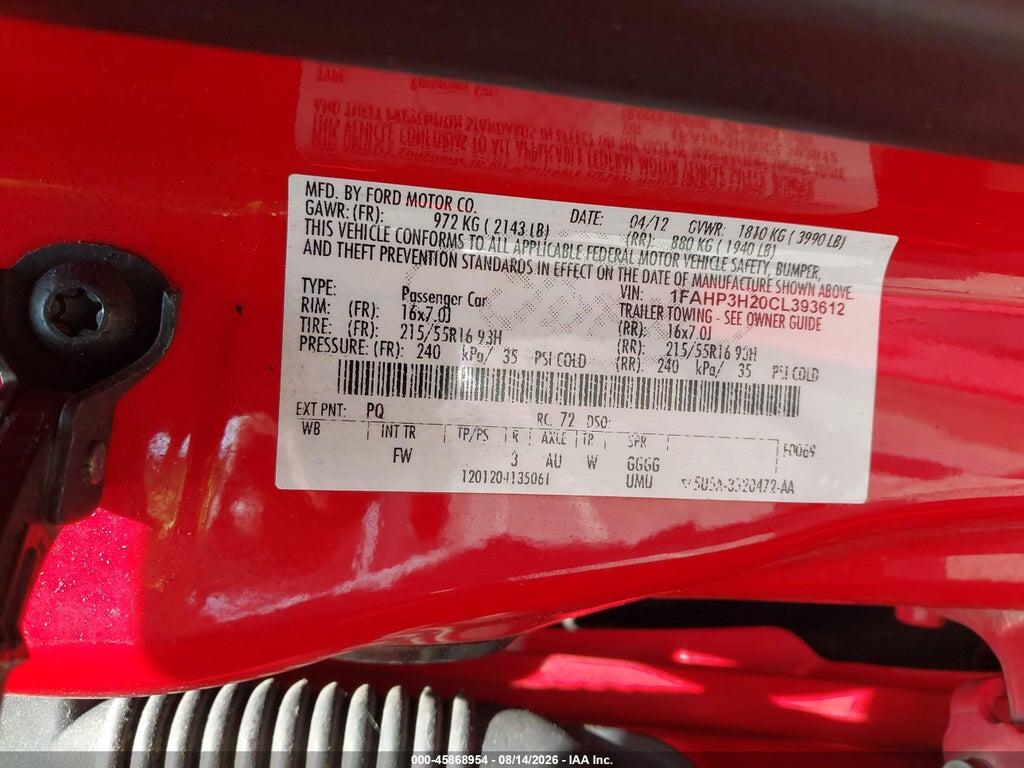 1FAHP3H20CL393612 2012 FORD FOCUS photo no. 9