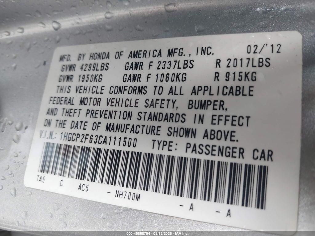 1HGCP2F63CA111500 2012 HONDA ACCORD photo no. 9