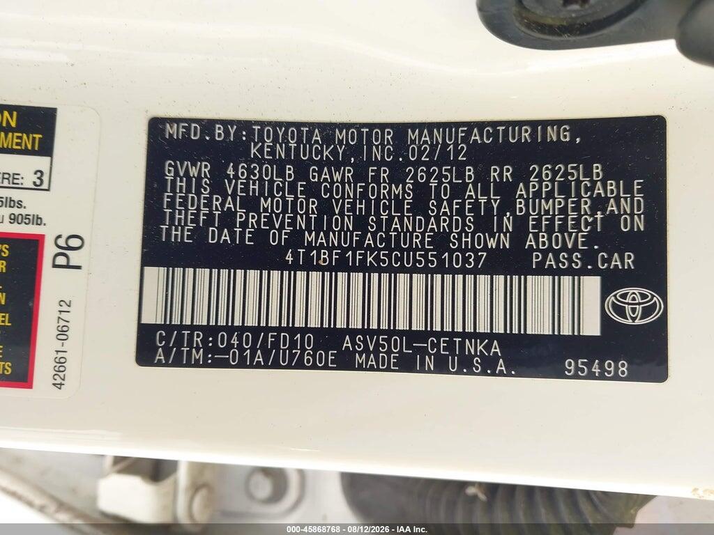 4T1BF1FK5CU551037 2012 TOYOTA CAMRY photo no. 9