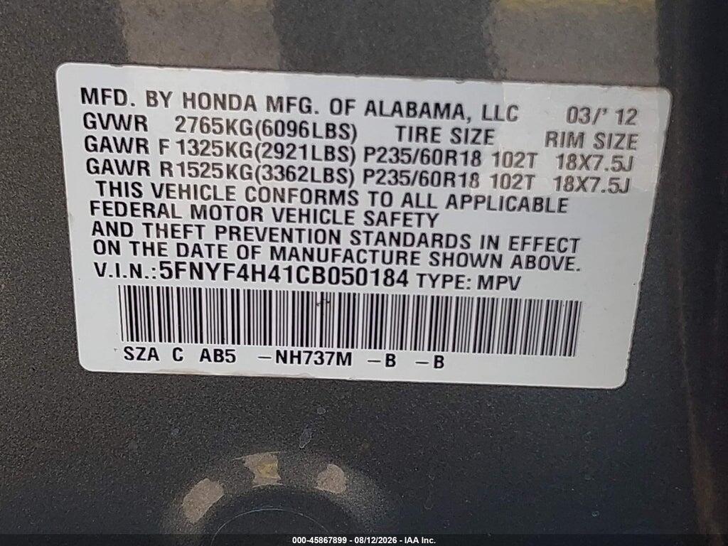 5FNYF4H41CB050184 2012 HONDA PILOT photo no. 9