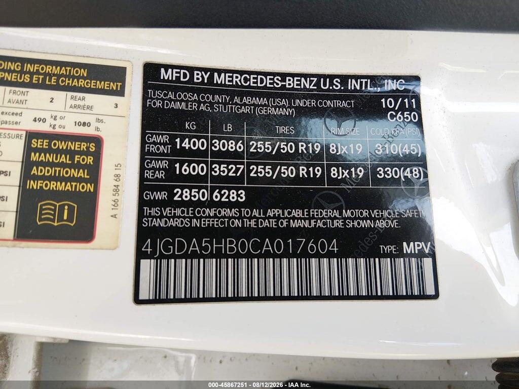4JGDA5HB0CA017604 2012 MERCEDES-BENZ ML 350 photo no. 9
