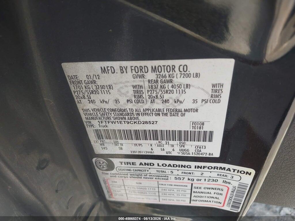 1FTFW1ET9CKD28527 2012 FORD F-150 photo no. 9
