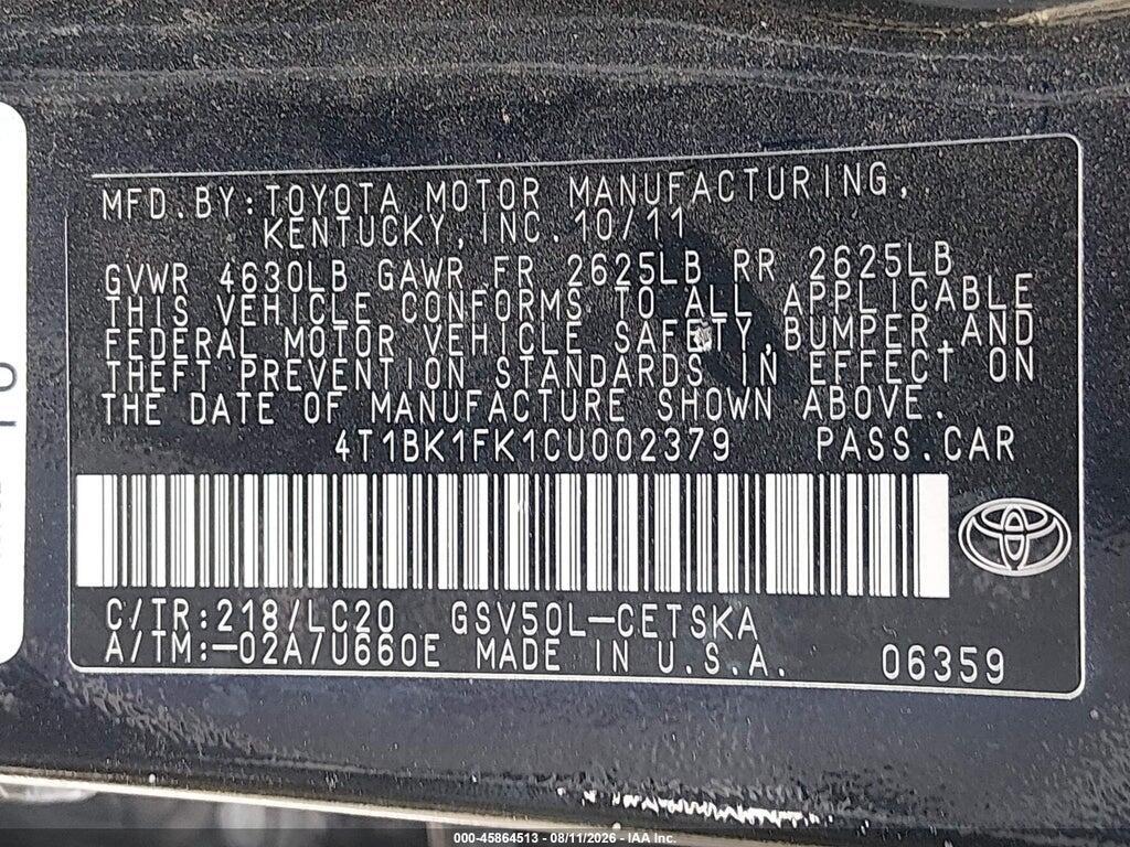 4T1BK1FK1CU002379 2012 TOYOTA CAMRY photo no. 9
