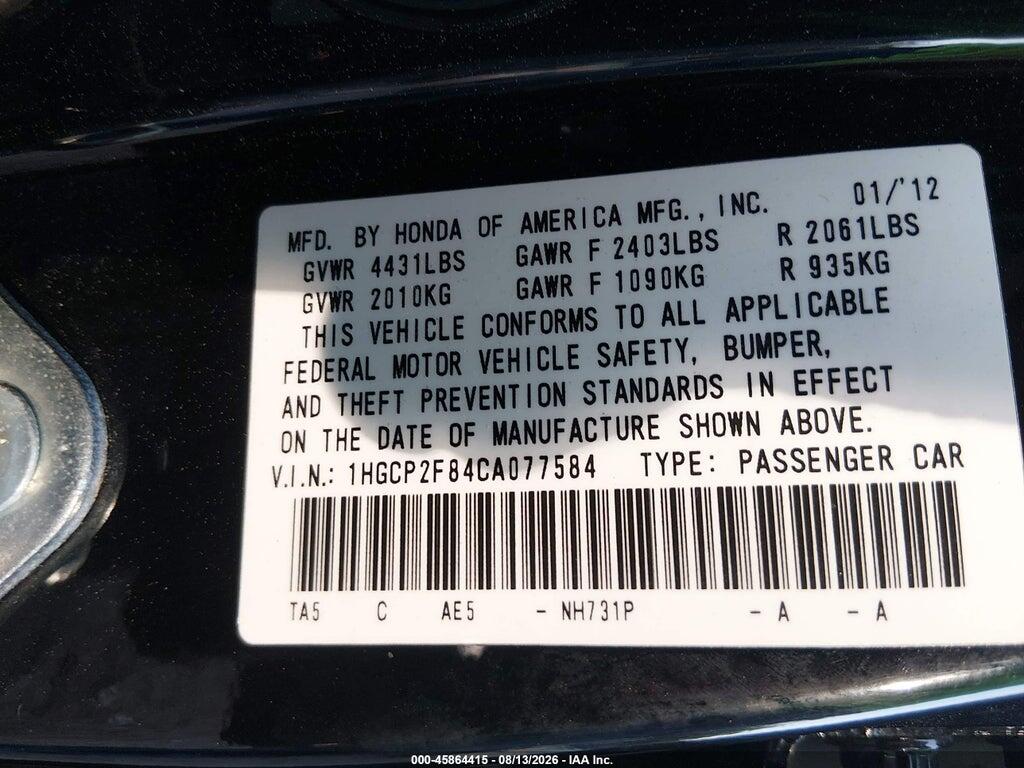 1HGCP2F84CA077584 2012 HONDA ACCORD photo no. 9