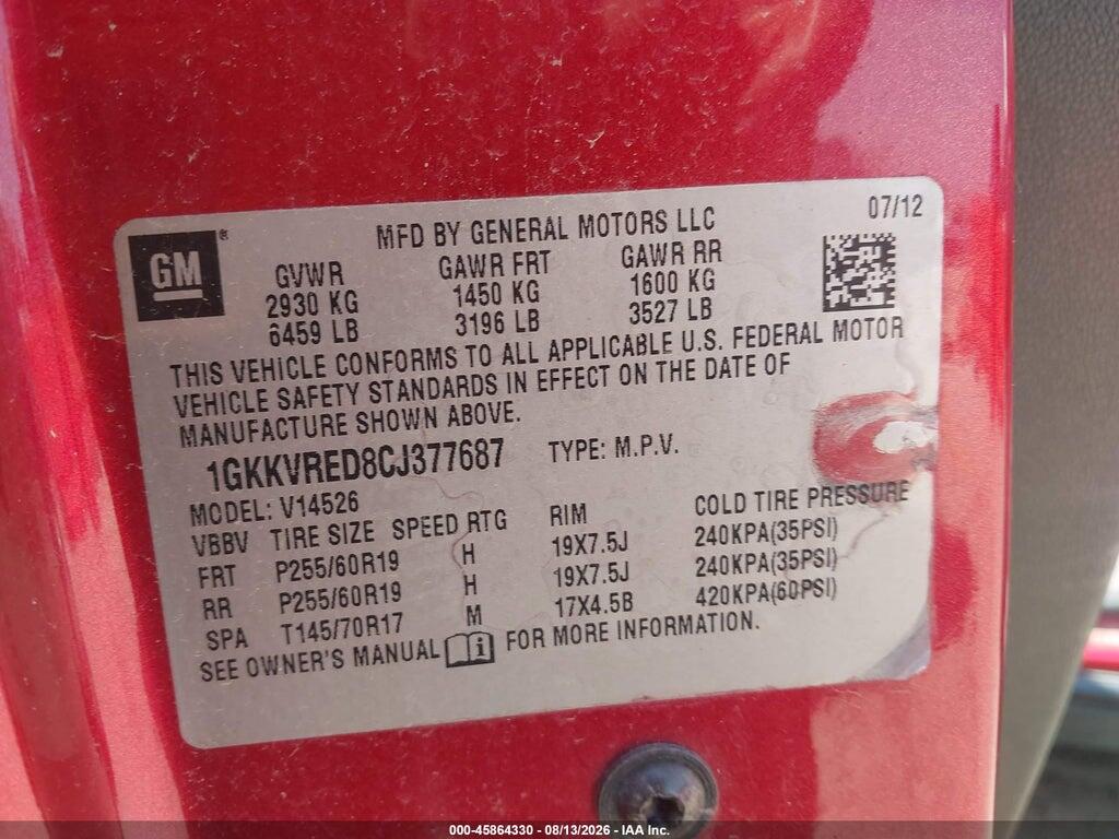 1GKKVRED8CJ377687 2012 GMC ACADIA photo no. 9