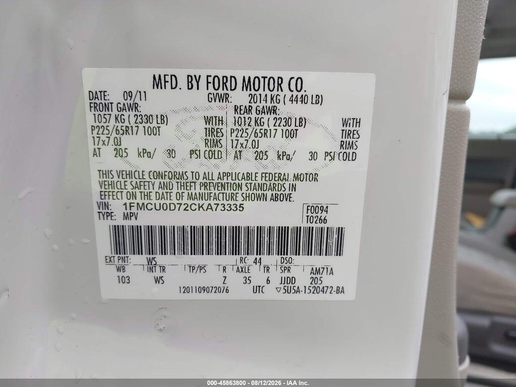 1FMCU0D72CKA73335 2012 FORD ESCAPE photo no. 9