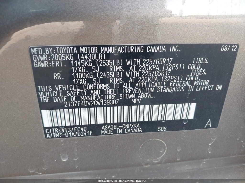 2T3ZF4DV2CW139307 2012 TOYOTA RAV4 photo no. 9