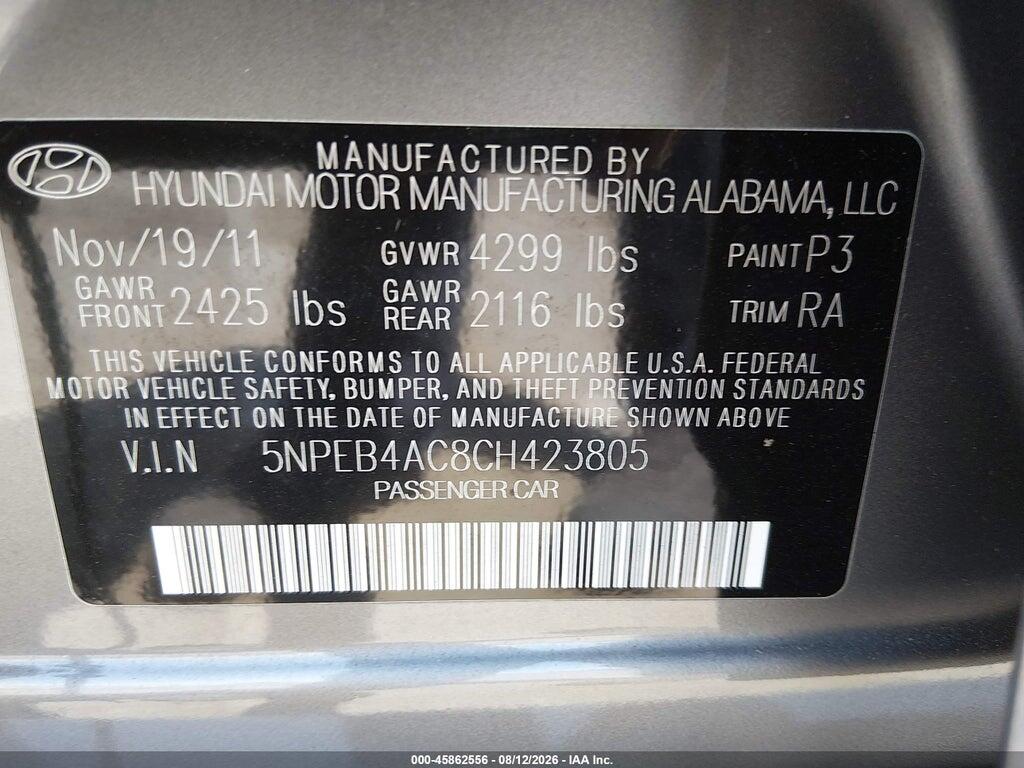 5NPEB4AC8CH423805 2012 HYUNDAI SONATA photo no. 9