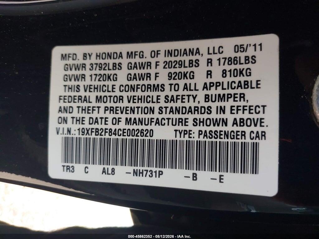 19XFB2F84CE002620 2012 HONDA CIVIC photo no. 9