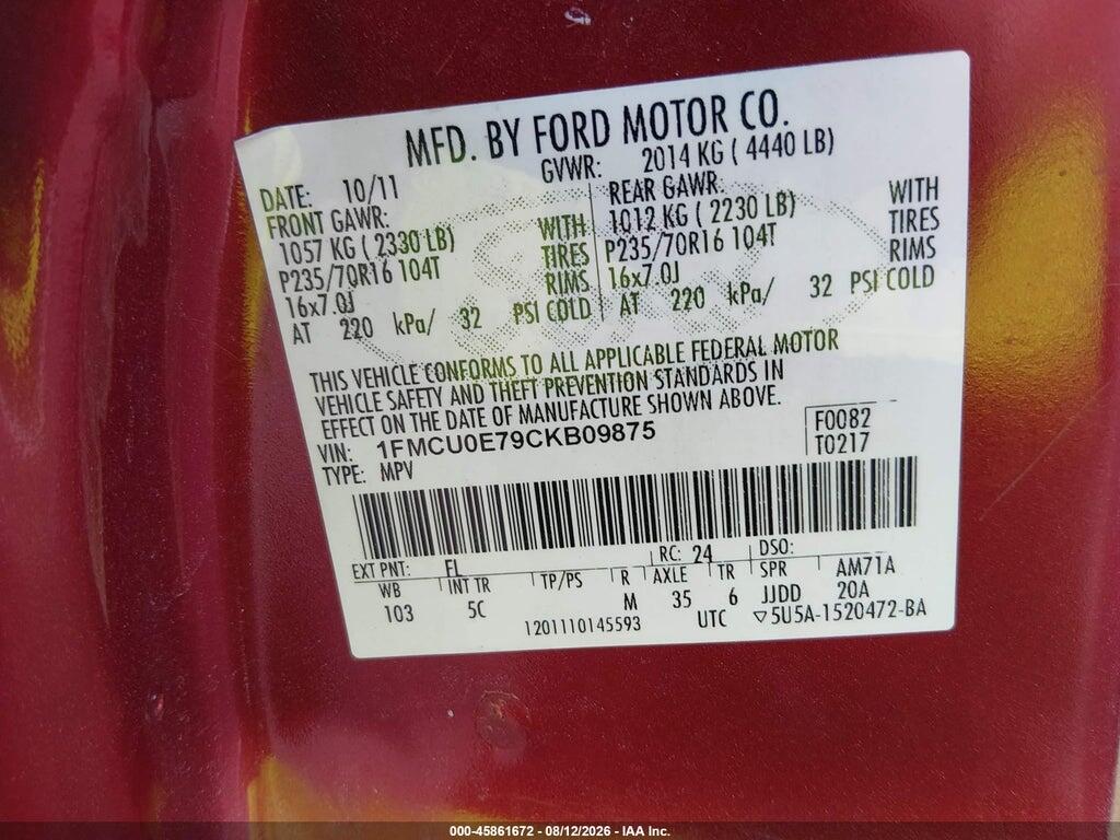 1FMCU0E79CKB09875 2012 FORD ESCAPE photo no. 9