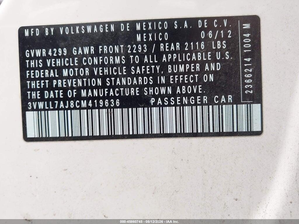 3VWLL7AJ8CM419636 2012 VOLKSWAGEN JETTA photo no. 9