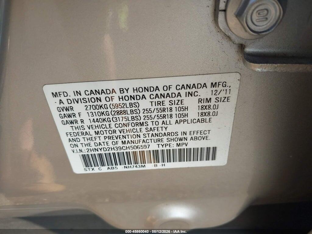 2HNYD2H39CH506597 2012 ACURA MDX photo no. 9