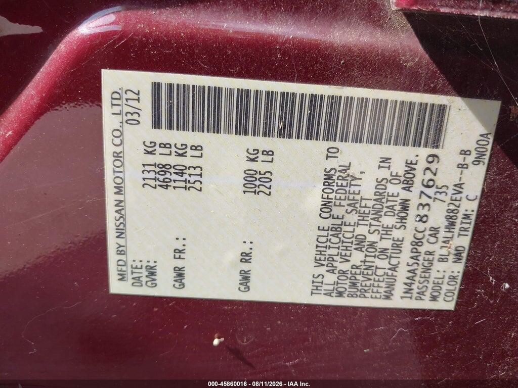 1N4AA5AP8CC837629 2012 NISSAN MAXIMA photo no. 9