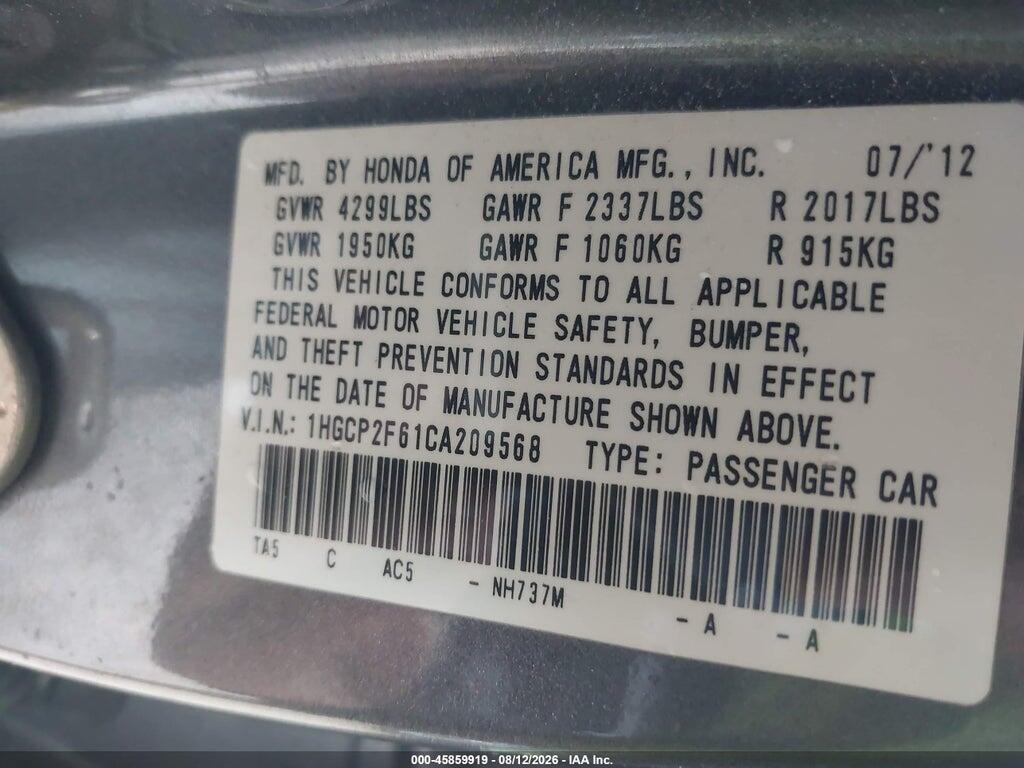 1HGCP2F61CA209568 2012 HONDA ACCORD photo no. 9