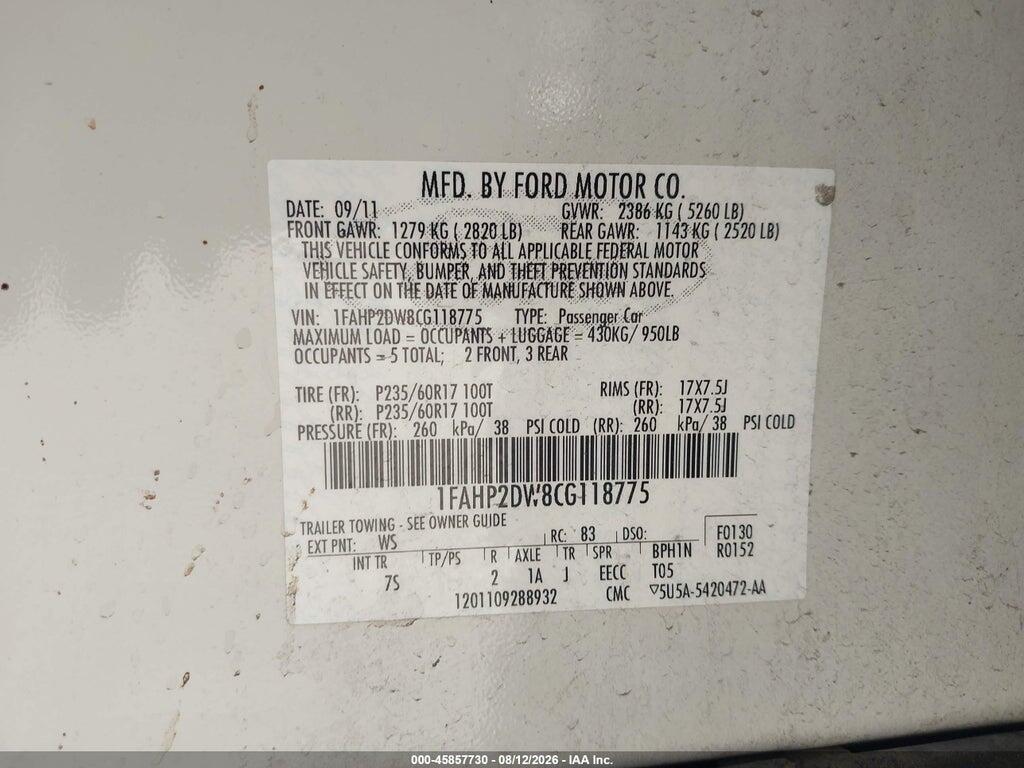 1FAHP2DW8CG118775 2012 FORD TAURUS photo no. 9