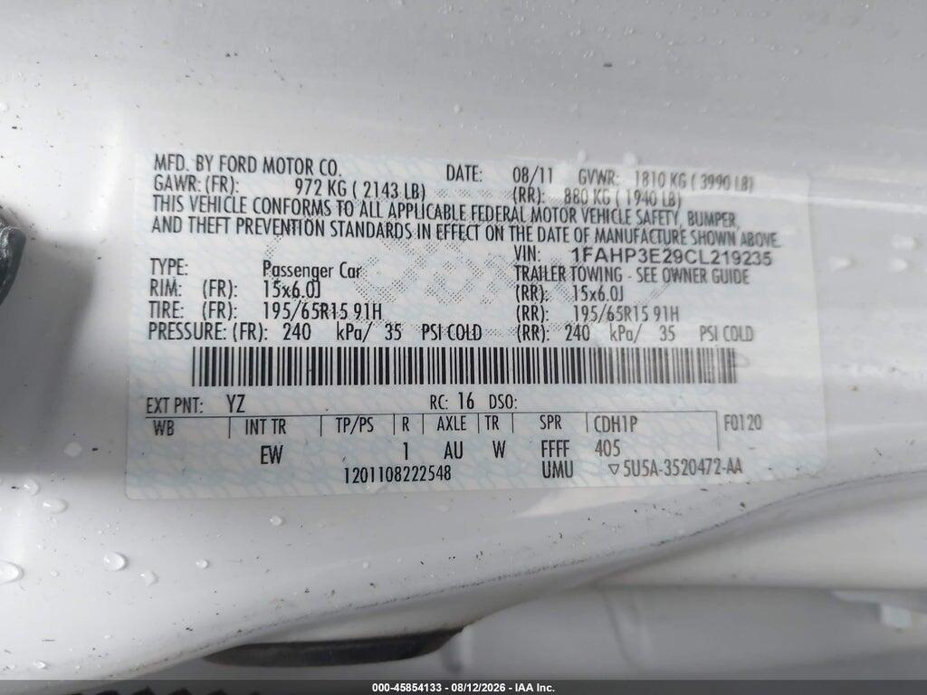1FAHP3E29CL219235 2012 FORD FOCUS photo no. 9